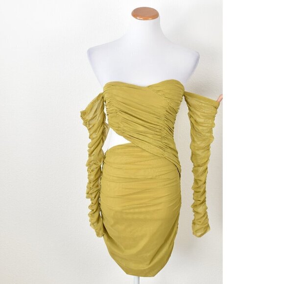 Miss Circle Dresses & Skirts - Miss Circle Ruched Chartreuse Cold Shoulder Bodycon Cut Out Dress - M